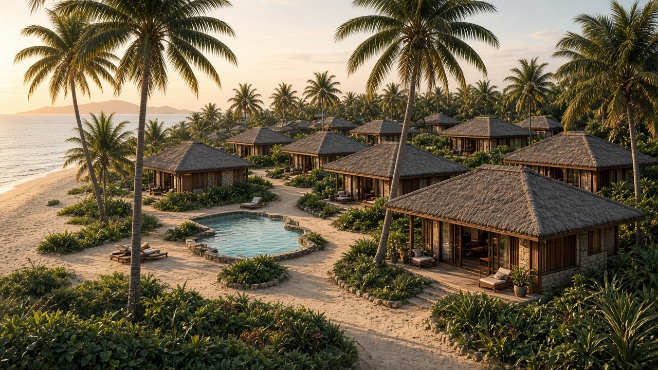 Study of low guest rooms among palms beside a beach.